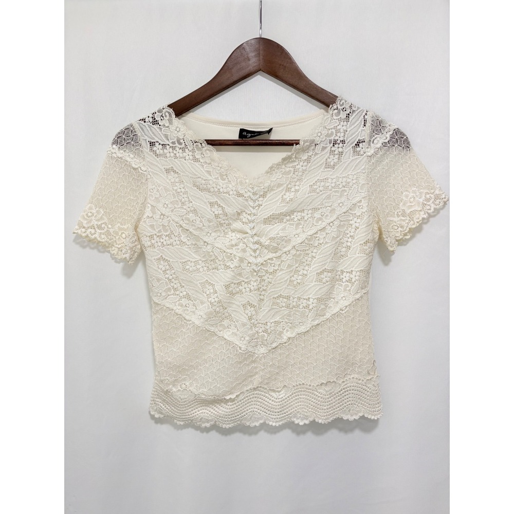 Agnes b Paris Ivory Floral Lace Short Sleeve Top Romantic French Blouse